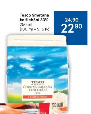 Smetana ke šlehání Tesco 33%