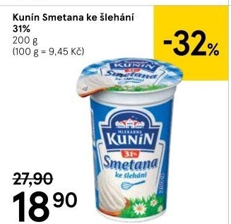Smetana ke šlehání Kunín 31%