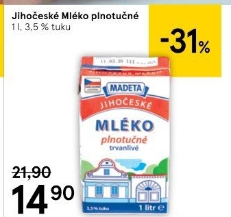 Mléko trvanlivé Jihočeské Madeta - 3,5% plnotučné