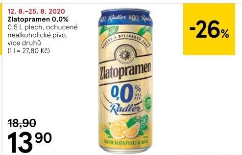 Nealkoholické pivo ochucené Radler Zlatopramen