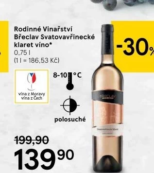 Víno Svatovavřinecké klaret Vinařství Břeclav - pozdní sběr