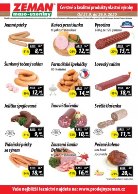 akční leták ZEMAN maso - uzeniny 21.9.2020-26.9.2020