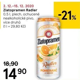 Nealkoholické pivo ochucené Radler Zlatopramen