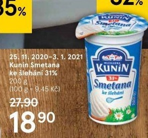 Smetana ke šlehání Kunín 31%