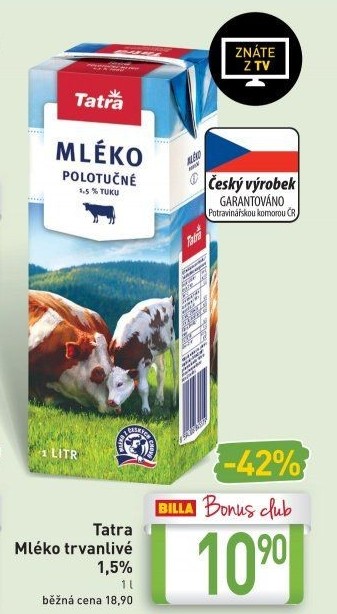 Mléko trvanlivé Tatra - 1,5% polotučné