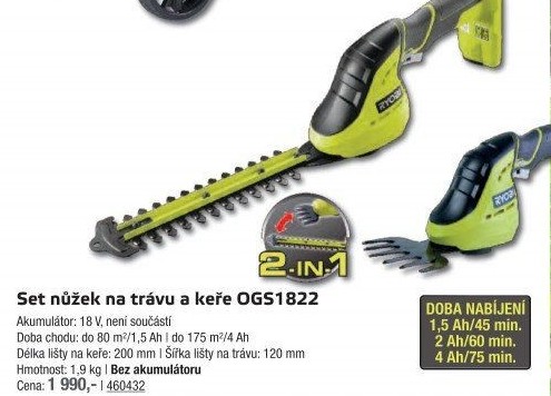 Aku nůžky na trávu a keře OGS1822 Ryobi