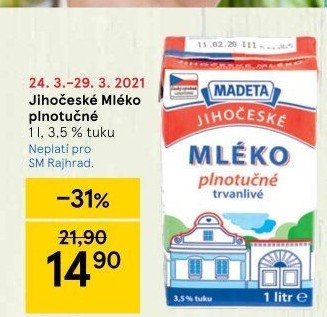 Mléko trvanlivé Jihočeské Madeta - 3,5% plnotučné