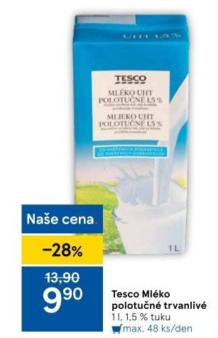 Mléko trvanlivé Tesco - 1,5% polotučné