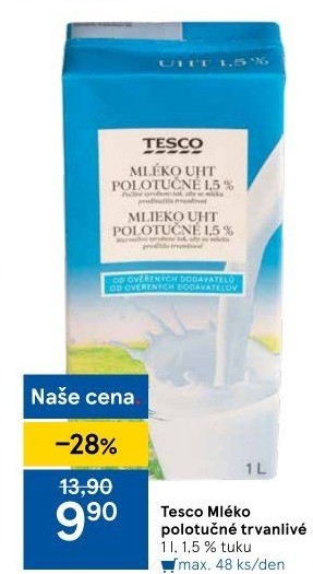 Mléko trvanlivé Tesco - 1,5% polotučné