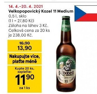 Pivo světlý ležák 11° Medium Velkopopovický Kozel