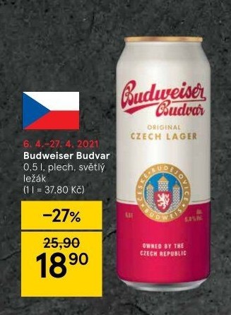 Pivo světlý ležák Budweiser Budvar
