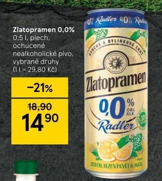 Nealkoholické pivo ochucené Radler Zlatopramen
