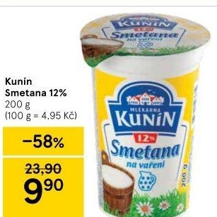 Smetana na vaření Kunín 12%