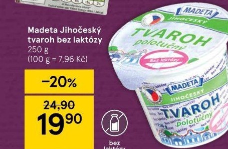 Tvaroh polotučný bez laktózy Jihočeský Madeta