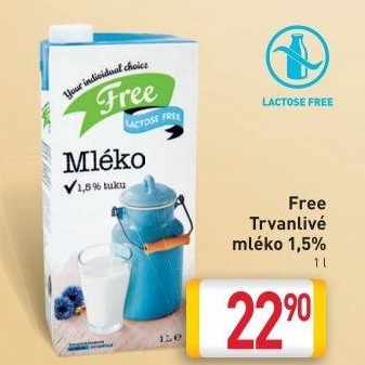 Mléko trvanlivé bez laktózy Billa Laktose Free - 1,5% polotučné