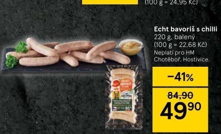 Párek na gril Echt Bavoriš s chilli Láďa Grileman Kostelecké uzeniny