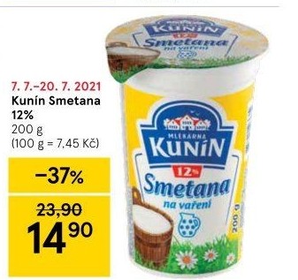 Smetana na vaření Kunín 12%