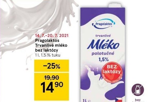 Mléko trvanlivé bez laktózy Pragolaktos- 1,5% polotučné