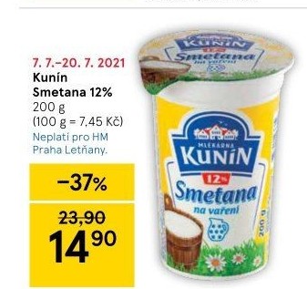 Smetana na vaření Kunín 12%