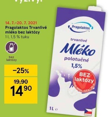 Mléko trvanlivé bez laktózy Pragolaktos- 1,5% polotučné