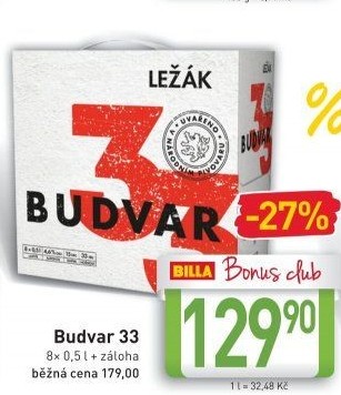Pivo světlý ležák 33 Budweiser Budvar