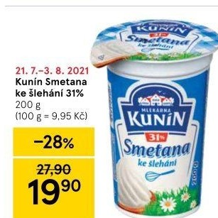Smetana ke šlehání Kunín 31%