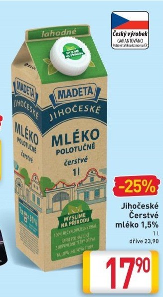 Mléko čerstvé lahodné Jihočeské Madeta - 1,5% polotučné