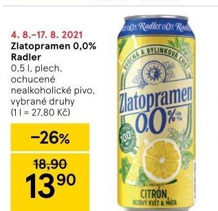 Nealkoholické pivo ochucené Radler Zlatopramen
