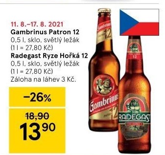 Pivo světlý ležák 12° Patron Gambrinus