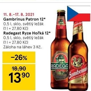 Pivo světlý ležák 12° Patron Gambrinus