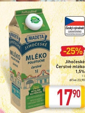 Mléko čerstvé lahodné Jihočeské Madeta - 1,5% polotučné