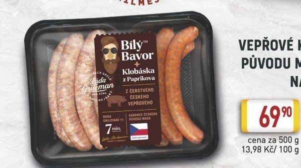Klobása bílý bavor a klobása z Paprikova Láďa Grileman Kostelecké uzeniny