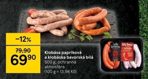 Klobása bílý bavor a klobása z Paprikova Láďa Grileman Kostelecké uzeniny