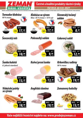 akční leták ZEMAN maso - uzeniny 30.8.2021-4.9.2021