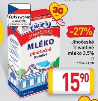 Mléko trvanlivé Jihočeské Madeta - 3,5% plnotučné