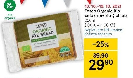 Chléb celozrnný žitný bio Tesco Organic