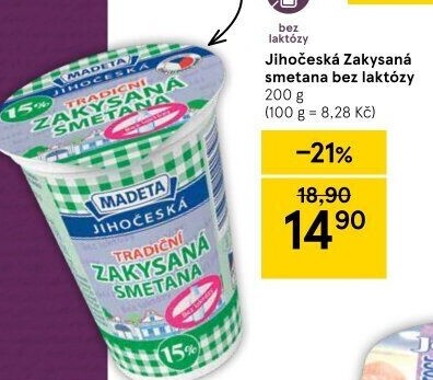 Zakysaná smetana bez laktózy Jihočeská Madeta 15%