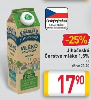 Mléko čerstvé lahodné Jihočeské Madeta - 1,5% polotučné