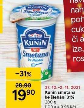Smetana ke šlehání Kunín 31%
