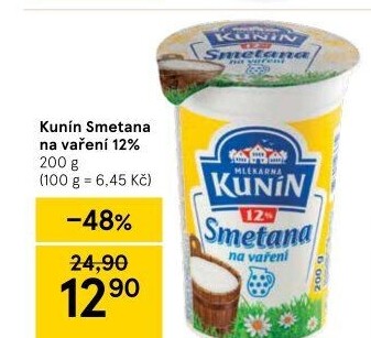 Smetana na vaření Kunín 12%