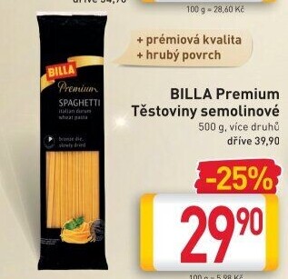 Těstoviny semolinové Premium Billa