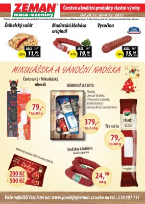 akční leták ZEMAN maso - uzeniny 29.11.2021-4.12.2021