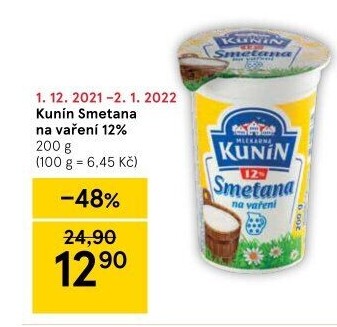 Smetana na vaření Kunín 12%
