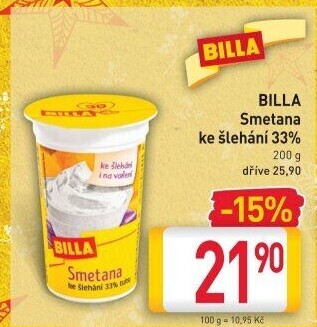 Smetana ke šlehání Billa 33%