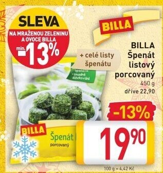 Špenát listový mražený Billa