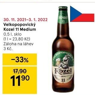 Pivo světlý ležák 11° Medium Velkopopovický Kozel