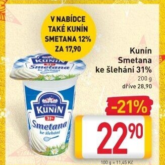 Smetana ke šlehání Kunín 31%