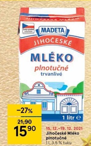 Mléko trvanlivé Jihočeské Madeta - 3,5% plnotučné