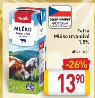Mléko trvanlivé Tatra - 1,5% polotučné