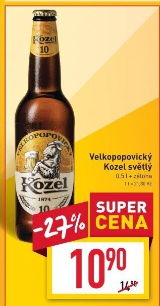 Pivo světlé výčepní 10°Velkopopovický Kozel